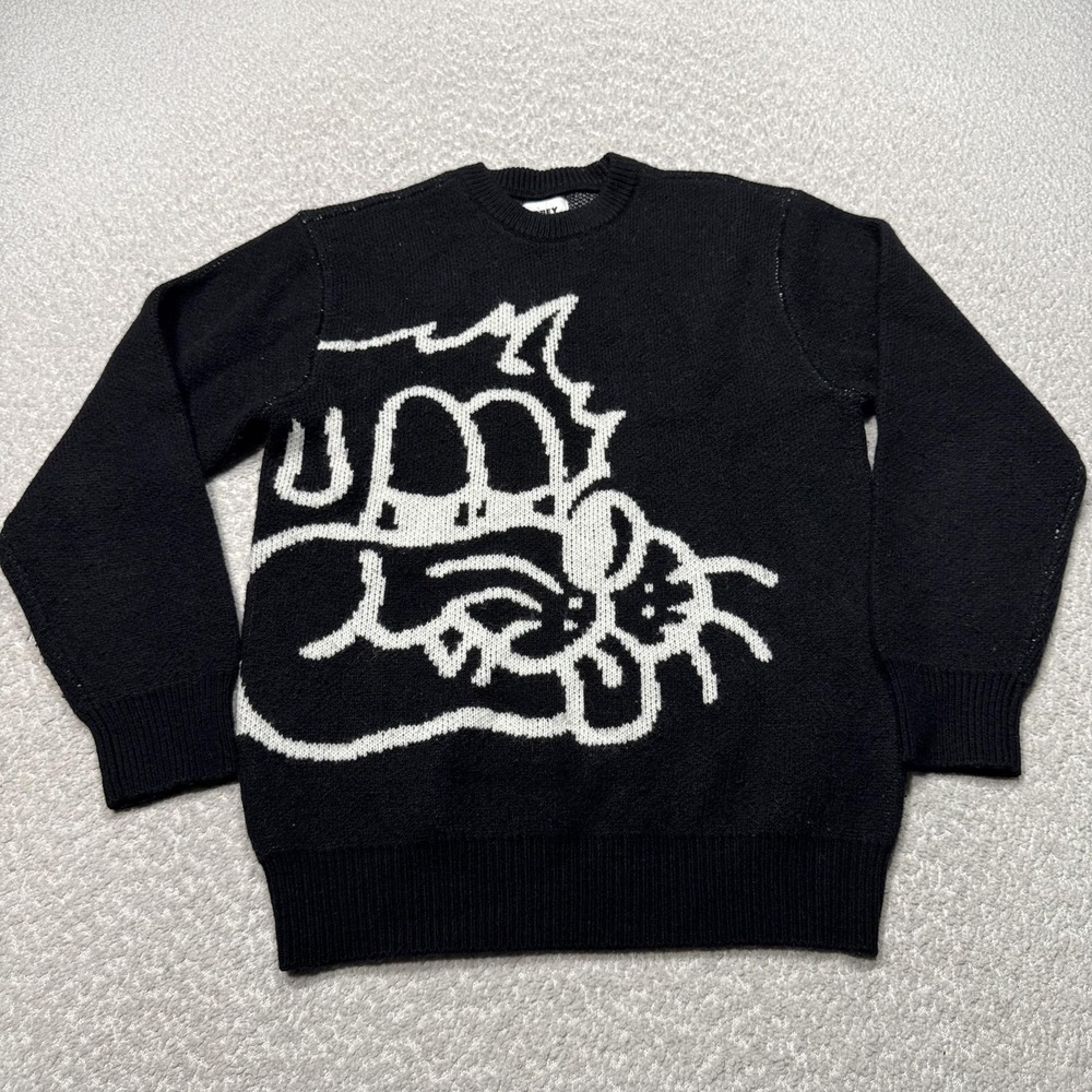 Obey Sweater Mens Small Black White Kinny Graphic Crewneck Pullover Wool Blend